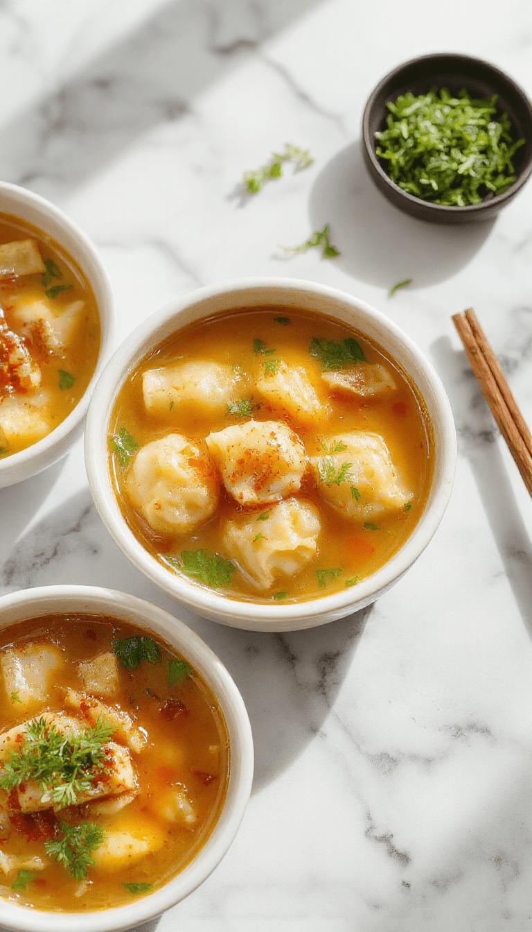 Vibrant bowl of Asian dumpling potsticker soup featuring golden-brown potsticker dumplings floating in a steaming, clear broth garnished with chopped green onions and shredded carrots, with colorful vegetables and herbs on a rustic wooden table