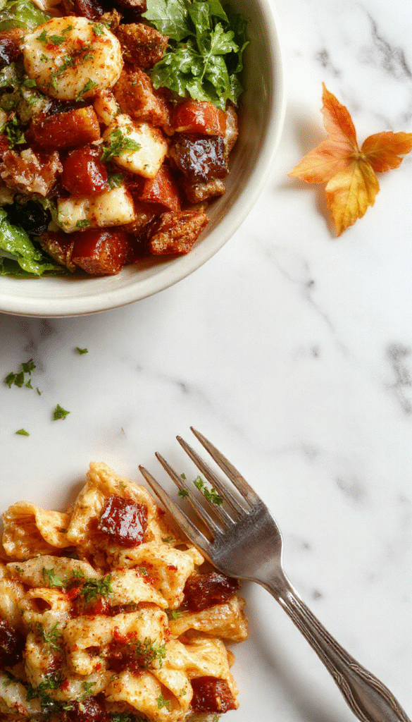 A colorful bowl of fall harvest pasta salad featuring spiral pasta topped with diced butternut squash, crunchy pecans, vibrant pomegranate seeds, fresh parsley, and a light vinaigrette. The dish is styled in a rustic white ceramic bowl on a wooden table, with scattered ingredients around, emphasizing freshness and seasonal ingredients.