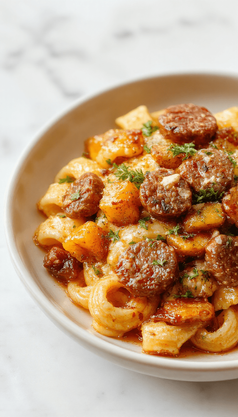 A vibrant plate of autumn sausage pasta showcasing spiralized roasted squash, garnished with fresh herbs, served on a rustic wooden table with warm lighting, highlighting the golden brown sausage, colorful squash, and fragrant herbs.