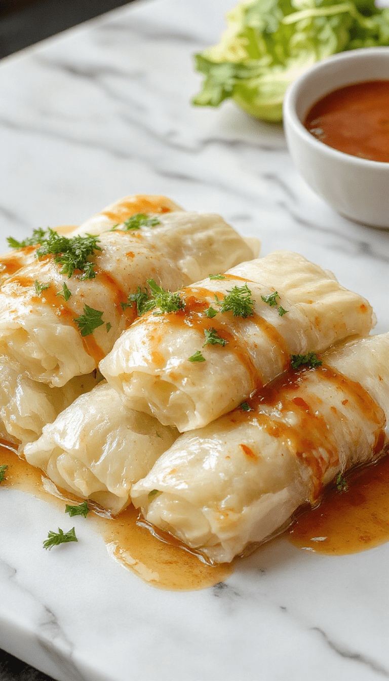 A vibrant plate featuring rolled cabbage leaves filled with a savory mixture of ground meat and rice, topped with a golden-brown tomato sauce, garnished with fresh herbs. The dish showcases a colorful contrast between green cabbage and rich red sauce, with a rustic wooden background and a sprinkle of chopped parsley for garnish.