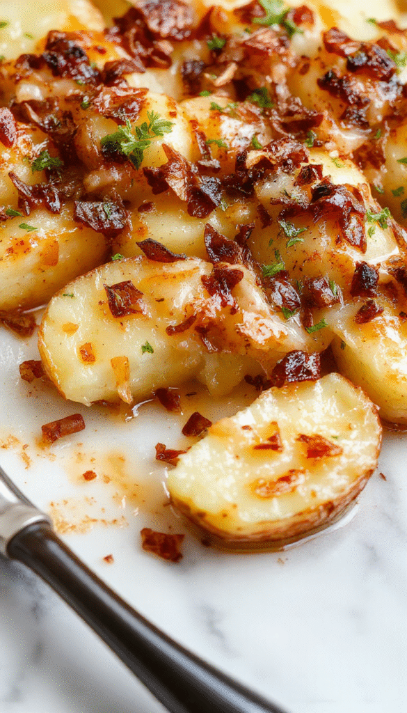 A colorful close-up of a golden-brown cheesy French onion potato bake sliced to reveal layers of tender potatoes, caramelized onions, melted cheese, and fresh herbs, garnished with parsley on a rustic white plate with a spoon beside it, set on a wooden table with cozy holiday decorations in the background