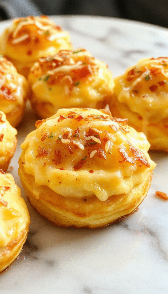 Golden-brown cheesy mashed potato puffs stacked neatly on a rustic white plate, garnished with fresh chopped herbs, showing crispy edges and soft, cheesy interior, with a blurred background of a cozy kitchen setting