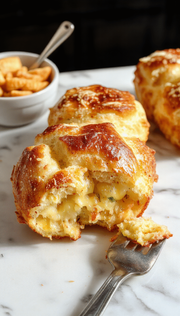 A warm, golden-brown pull apart bread topped with melted cheese and fresh herbs, sliced open to reveal gooey cheese and soft bread interior, styled on a rustic wooden board with a knife beside it.