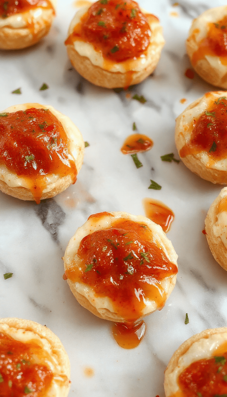 Colorful image of golden-brown buttery thumbprint appetizers filled with creamy cheese and topped with vibrant hot pepper jelly, arranged on a rustic wooden platter with fresh herbs and red pepper flakes for garnish.