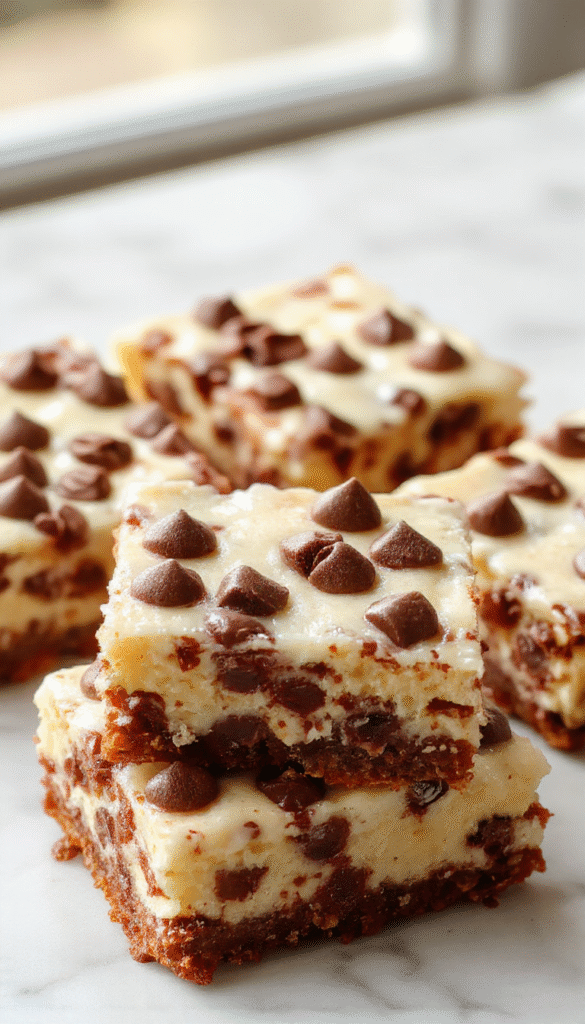 A close-up of rich chocolate chip cheesecake bars with a golden crust, topped with creamy cheesecake filling dotted with semi-sweet chocolate chips, beautifully plated on a white dish with a rustic wooden background, garnished with a sprinkle of crushed graham crackers and a drizzle of chocolate sauce, showcasing textures of smooth filling and crispy crust.
