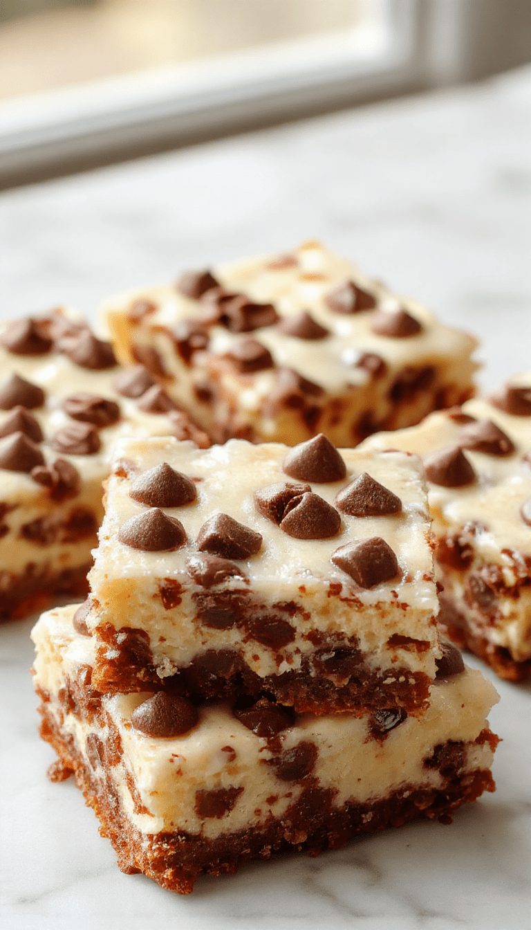 A close-up of rich chocolate chip cheesecake bars with a golden crust, topped with creamy cheesecake filling dotted with semi-sweet chocolate chips, beautifully plated on a white dish with a rustic wooden background, garnished with a sprinkle of crushed graham crackers and a drizzle of chocolate sauce, showcasing textures of smooth filling and crispy crust.