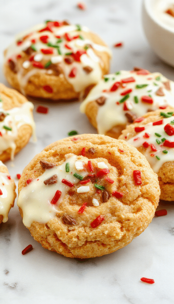 Colorful presentation of chewy maple cookies coated in glossy white chocolate dip, garnished with festive sprinkles and red and green accents, arranged on a rustic white plate with holiday decorations in the background, showcasing their chewy texture and smooth coating.