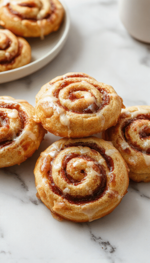 A close-up of golden-brown cinnamon roll cookies with swirled cinnamon filling on a rustic wooden plate, topped with a light glaze, surrounded by cinnamon sticks and sugar, styled with cozy autumn-inspired decor, soft natural lighting emphasizing the textures and warm tones of the cookies.