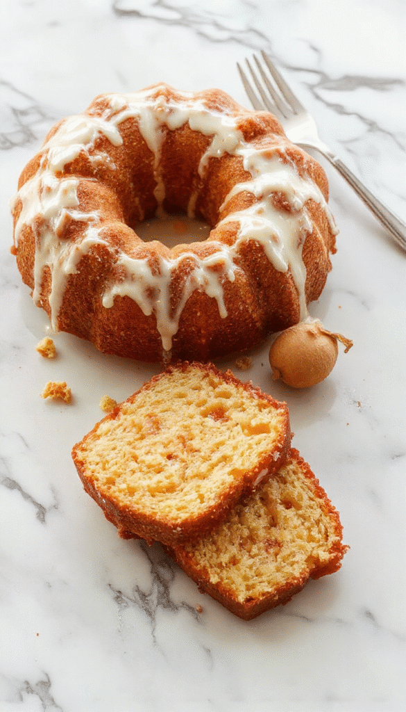 A golden-brown apple cider pound cake sliced to reveal its moist texture has a dusting of powdered sugar on top. The cake is plated on a rustic wooden board with fresh apple slices and cinnamon sticks, with a glass of warm apple cider beside it. The background features fall-themed accents like pumpkins and leaves, creating a cozy autumn atmosphere.