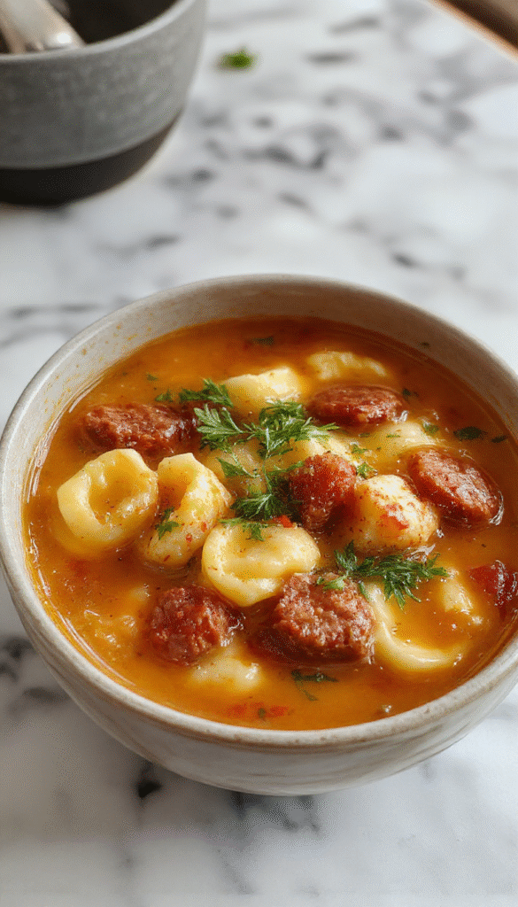 A vibrant bowl of autumn tortellini soup featuring plump tortellini pasta, slices of sausage, fresh herbs, and colorful fall vegetables in a rustic white bowl, topped with grated cheese and a sprig of thyme, set against a wooden table.