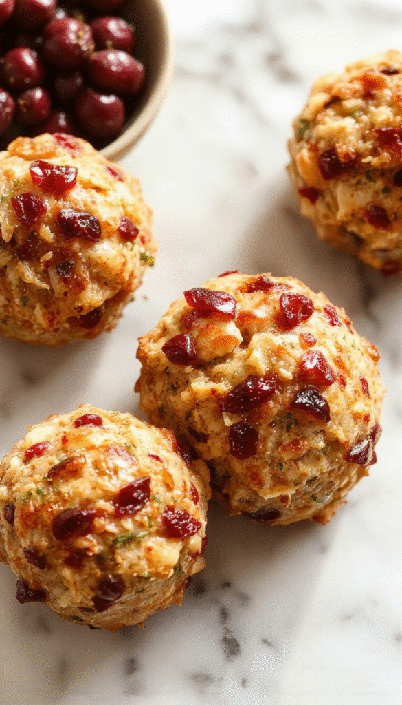 Colorful platter featuring golden-brown turkey stuffing balls garnished with fresh cranberries and herbs, arranged on a rustic wooden tray with a festive backdrop, showcasing their crispy exterior and moist interior.
