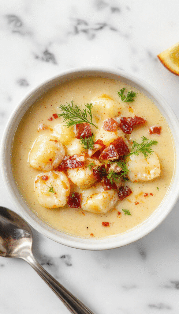 A creamy bowl of bacon cheddar gnocchi soup featuring golden-brown crispy bacon crumbles on top, melted cheddar cheese, soft gnocchi coated in a rich, velvety broth, all garnished with fresh herbs on a rustic wooden table with warm ambient lighting