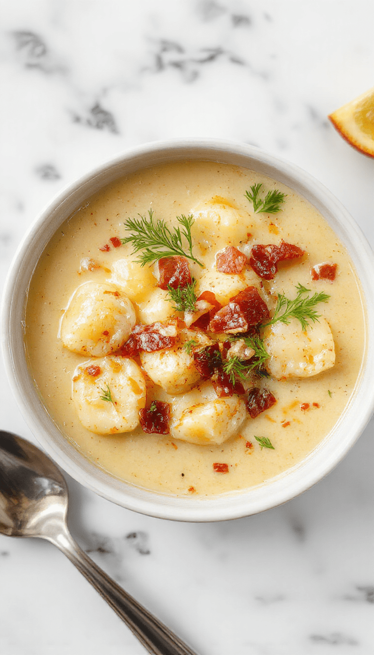 A creamy bowl of bacon cheddar gnocchi soup featuring golden-brown crispy bacon crumbles on top, melted cheddar cheese, soft gnocchi coated in a rich, velvety broth, all garnished with fresh herbs on a rustic wooden table with warm ambient lighting