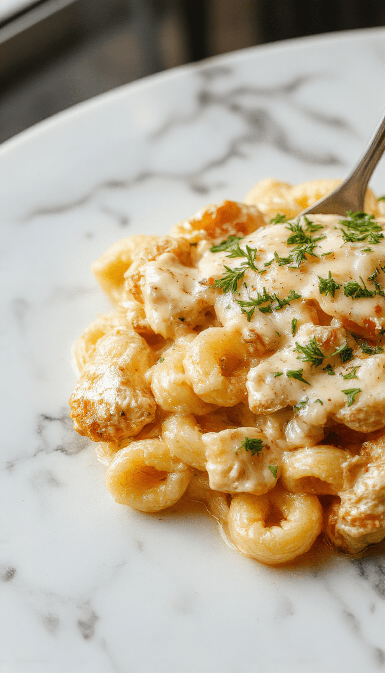 A vibrant plate of creamy Boursin chicken pasta featuring tender pasta coated in rich, cheesy sauce with golden-brown sautéed chicken pieces, garnished with chopped herbs and a sprinkle of black pepper, presented on a rustic wooden table with a side of fresh greens.