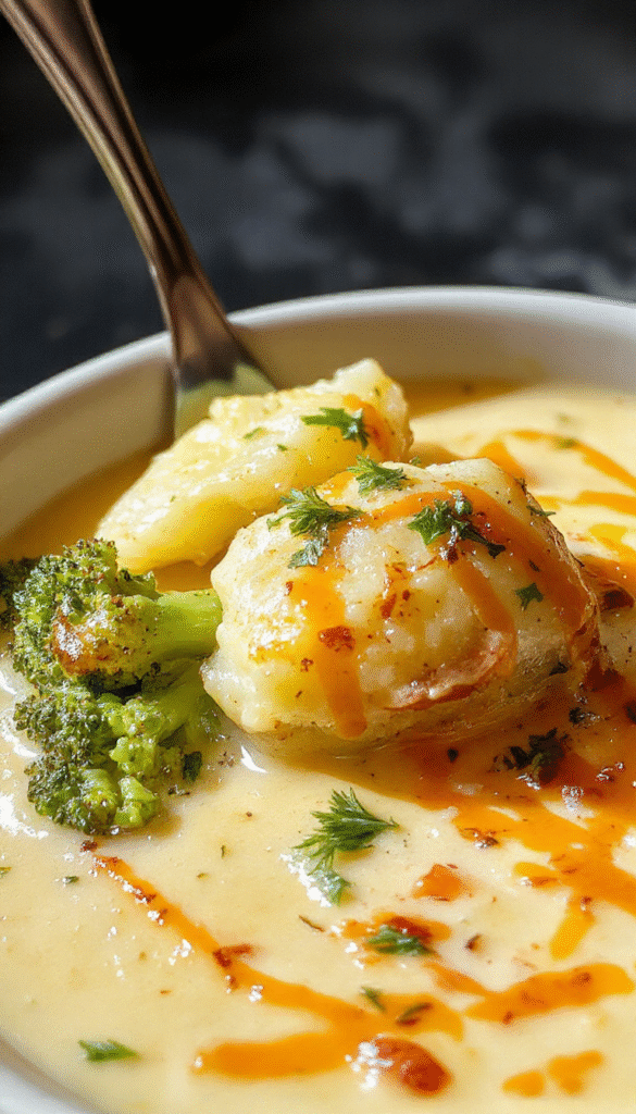A vibrant bowl of creamy broccoli cheddar potato soup topped with shredded cheddar cheese, garnished with fresh chopped parsley, served in a white ceramic bowl with steam rising, set on a rustic wooden table with a spoon on the side, showcasing the rich texture and colorful ingredients emphasizing comfort and warmth.