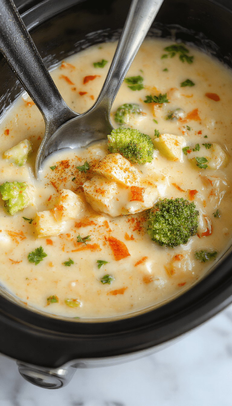 A hearty Crockpot creamy cheese broccoli potato soup served in a rustic white bowl. The soup has a rich, creamy texture with bright green broccoli florets, golden melted cheese, and chunks of tender potatoes. The bowl is garnished with a sprinkle of shredded cheese and chopped parsley, placed on a wooden table with a spoon nestled beside it. Warm lighting enhances the cozy, inviting atmosphere.