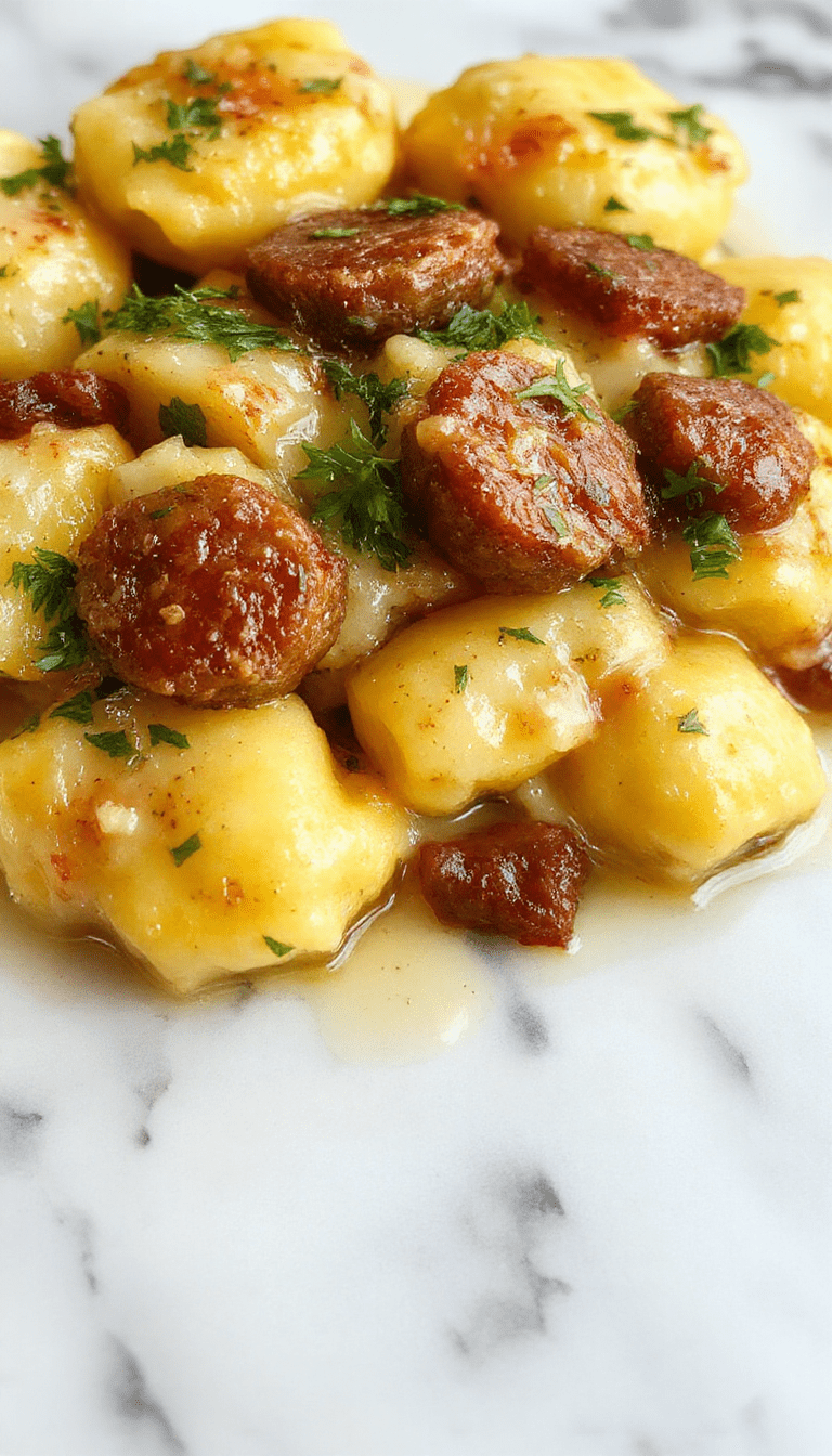 A vibrant plate of creamy butternut squash gnocchi topped with crispy sausage slices, garnished with fresh herbs, served on a rustic white ceramic plate with a golden-brown crust, set against a warm wooden table with autumnal decor in the background