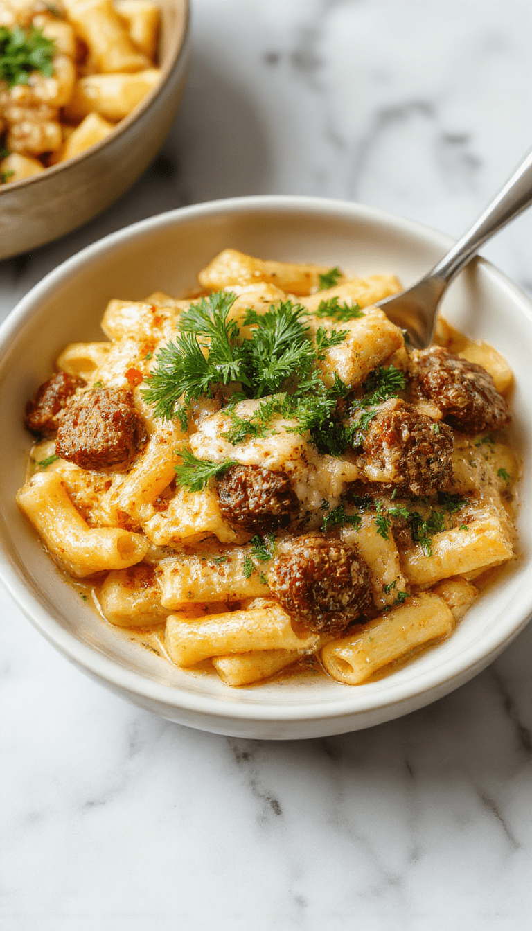 A vibrant plate of creamy cajun sausage pasta featuring luscious, light-colored sauce coating tender sausage slices, garnished with chopped green herbs, served on a rustic white plate with a fork, set against a dark wooden table with scattered pepper flakes and chopped herbs for a lively and appetizing presentation.