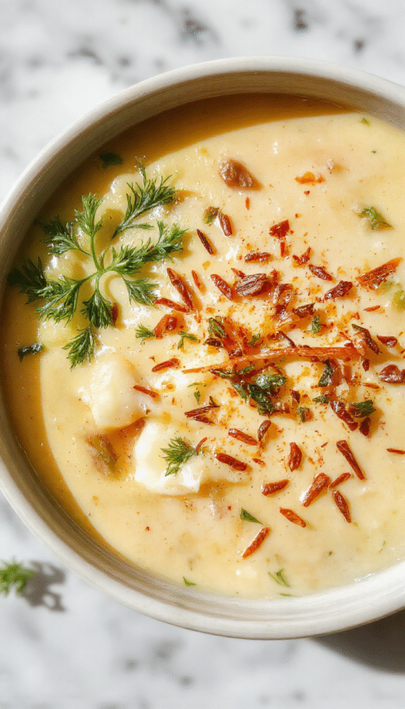 A vibrant bowl of creamy cheddar garlic herb potato soup topped with melted cheese, fresh herbs, and crispy bacon bits, served with a side of crusty bread, colorful garnishes and steam rising, showcasing a warm, hearty, and inviting comfort food presentation.