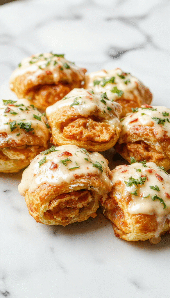 A close-up shot of golden-brown crescent rolls filled with melted cheese and tender chicken pieces, garnished with fresh herbs on a rustic wooden plate.