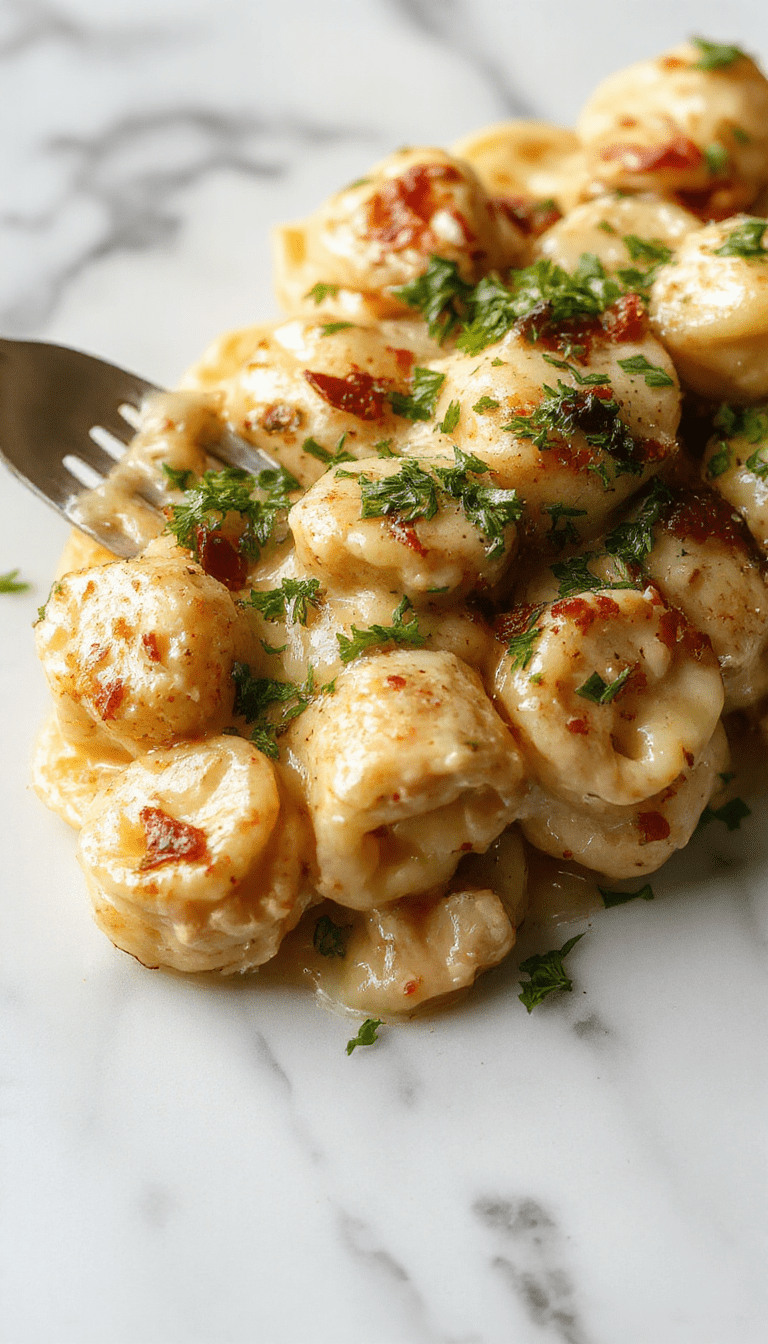 A vibrant plate of creamy chicken tortellini garnished with fresh herbs, topped with melted cheese, served on a rustic white plate with a fork, steamed vegetables in the background, and a drizzle of creamy sauce highlighting the rich textures and colorful presentation.
