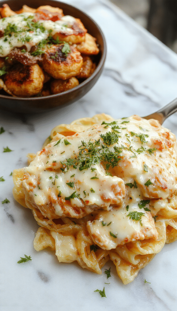A close-up image of a steaming plate of Creamy Chicken Alfredo featuring tender shredded chicken atop a bed of glossy, creamy alfredo sauce with a sprinkle of fresh parsley, served on a elegant white plate. The sauce appears rich and velvety, with a slight sheen, complemented by a backdrop of grated parmesan cheese and a fork twirling some pasta. The background is softly blurred to emphasize the dish's luscious textures and vibrant colors.