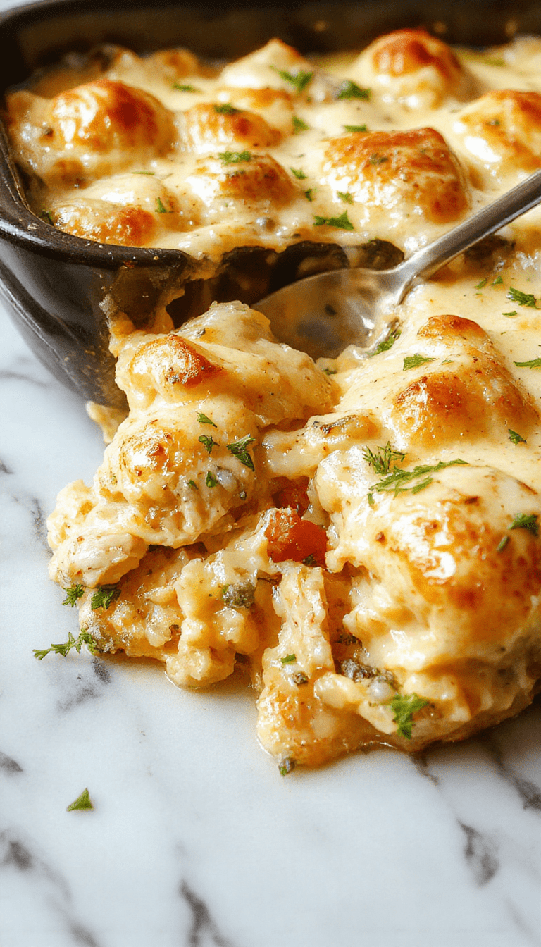 A warm, golden-brown chicken pot pie casserole served in a rustic dish, bubbling with creamy filling, topped with flaky pastry crust crumbs, garnished with fresh herbs, all styled on a wooden platter with a serving spoon, evoking comfort food appeal