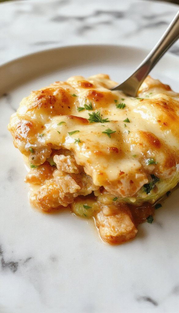 A close-up of a serving of creamy chicken pot pie pasta on a rustic white plate, topped with golden-brown flaky pastry crumbs, vibrant green herbs, and tender shredded chicken, set against a wooden table with complementary kitchen accessories.