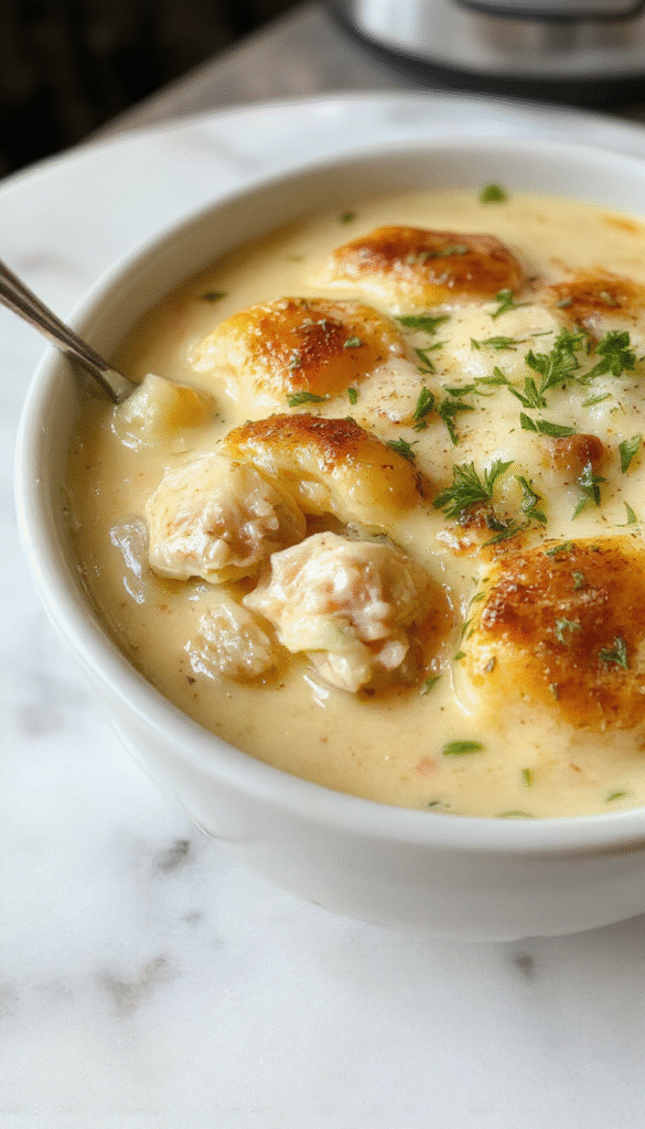 A warm bowl of creamy chicken pot pie soup garnished with fresh herbs and flaky crust crumbles, surrounded by rustic spoons, steam rising, with a cozy kitchen background, vibrant orange and beige tones emphasizing richness and comfort