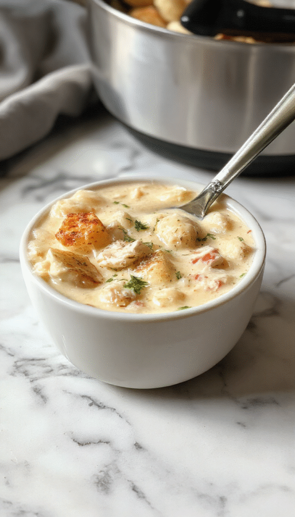 A warm bowl of creamy chicken pot pie soup topped with golden flaky pastry crumbles, garnished with fresh herbs and served with crusty bread, showcasing a rich, velvety texture and vibrant ingredients colors