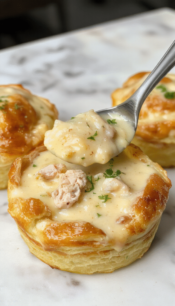 A warm bowl of chicken pot pie soup topped with a golden flaky pastry crust and fresh herbs, surrounded by carrots, celery, and chunks of tender chicken, all steaming invitingly.
