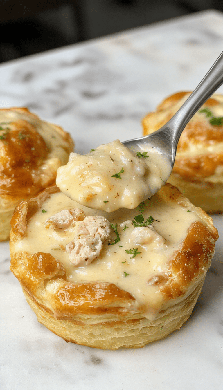 A warm bowl of chicken pot pie soup topped with a golden flaky pastry crust and fresh herbs, surrounded by carrots, celery, and chunks of tender chicken, all steaming invitingly.