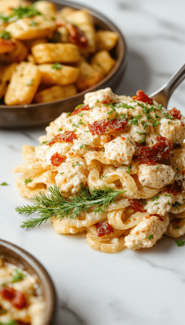 A vibrant plate of creamy chicken bacon ranch pasta featuring tender pasta coated in a rich, creamy white sauce topped with crispy bacon pieces and sliced grilled chicken. Garnished with fresh parsley and a sprinkle of black pepper, the dish is presented on a rustic wooden table with a fork twirling the sauce, evoking warmth and indulgence. The colors are inviting, with golden-brown bacon, green herbs, and creamy white sauce contrasting beautifully against the pasta.