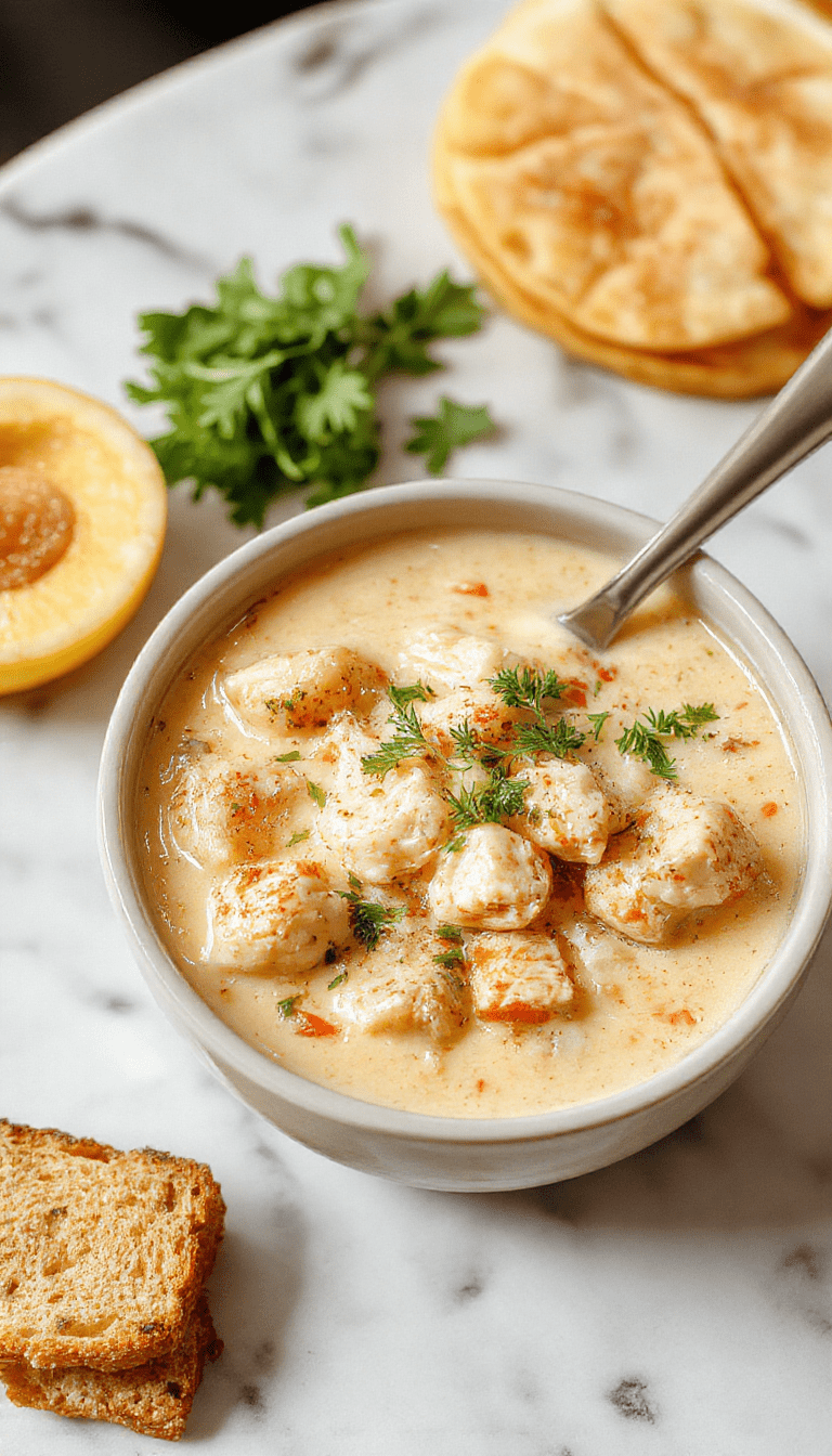 A bowl of creamy chicken and rice soup garnished with chopped herbs on a rustic wooden table. The soup has a velvety texture with tender pieces of chicken, fluffy rice grains, and a light creamy broth. The presentation includes fresh parsley and a side of crusty bread. The scene exudes warmth and homemade comfort with vibrant colors and inviting textures.