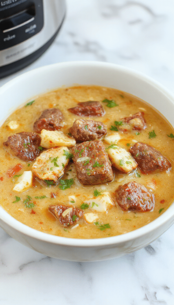 A vibrant bowl of slow cooker beef coconut curry featuring tender chunks of beef immersed in a rich, creamy coconut sauce, garnished with fresh cilantro, with serving spoons on a rustic wooden table