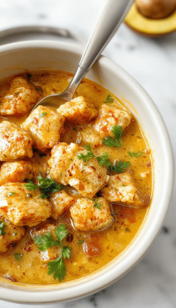 A vibrant bowl of creamy coconut chicken tikka masala with tender, golden chicken pieces coated in a rich, orange-yogurt sauce, garnished with fresh cilantro, served alongside fluffy rice on a rustic wooden table