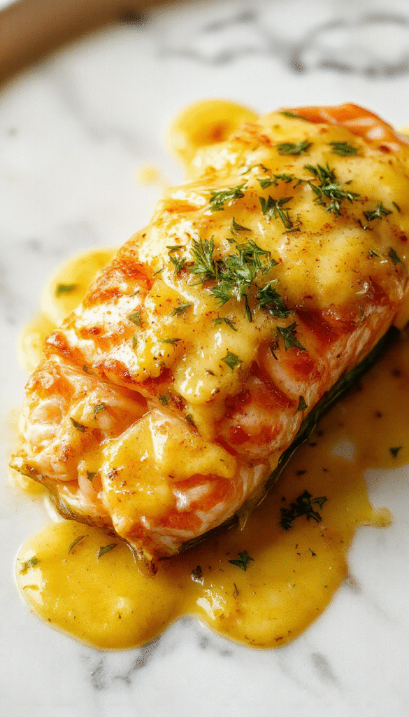 Colorful plated dish featuring a fillet of salmon coated in a rich, creamy coconut curry sauce, garnished with fresh garlic and herbs, presented on a rustic white plate with vibrant vegetables and a drizzle of garlic butter, creating a visually appealing and appetizing scene.