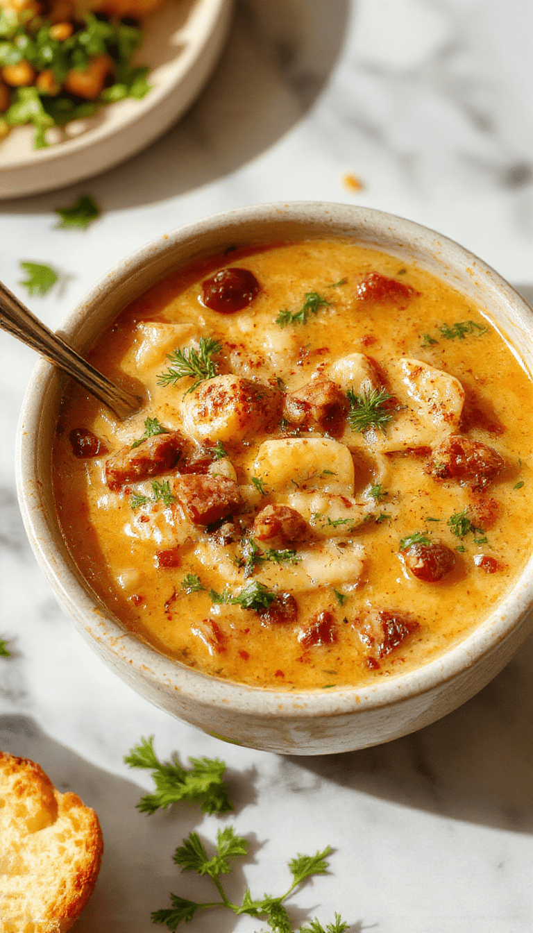 A bowl of creamy cowboy soup topped with chopped green onions and shredded cheese, served in a rustic bowl on a wooden table. The soup shows a rich, thick texture with visible chunks of beef, potatoes, and vegetables, garnished with fresh herbs. The background features a cozy, inviting kitchen setting with warm lighting and a spoon resting on a napkin beside the bowl.