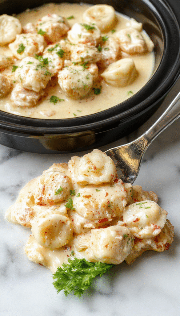 A vibrant bowl of creamy chicken tortellini garnished with fresh herbs, featuring soft tortellini pasta in a rich sauce with tender chicken pieces, set against a rustic wooden table with a sprinkle of parmesan cheese on top.