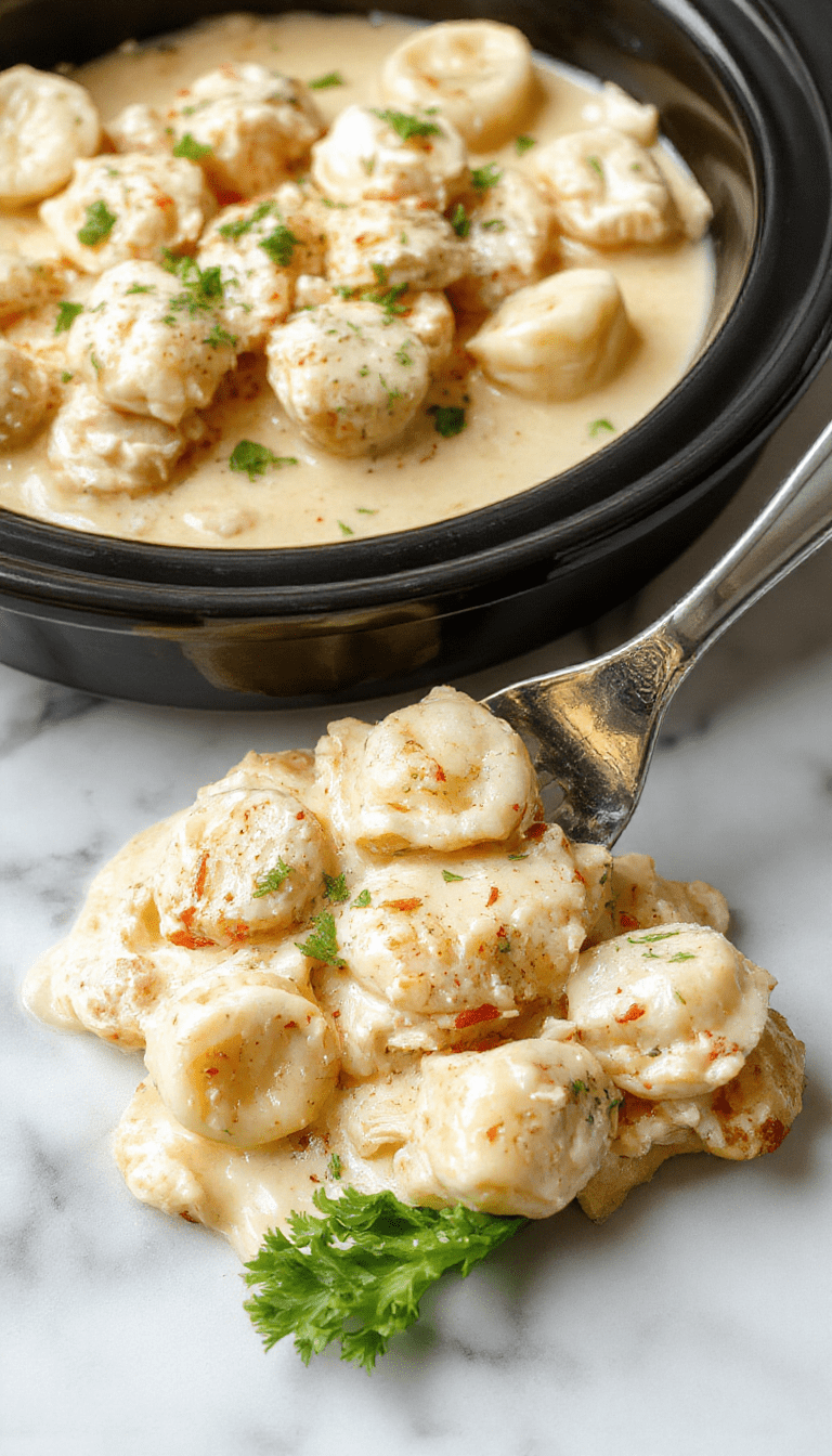A vibrant bowl of creamy chicken tortellini garnished with fresh herbs, featuring soft tortellini pasta in a rich sauce with tender chicken pieces, set against a rustic wooden table with a sprinkle of parmesan cheese on top.