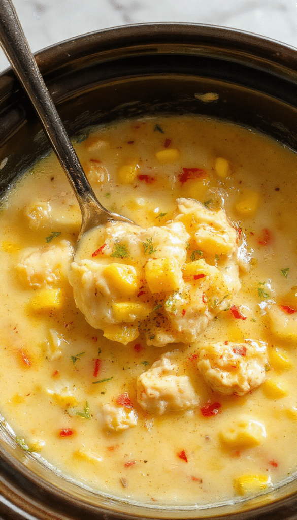 A steaming bowl of creamy chicken corn chowder topped with fresh chopped parsley and crispy bacon crumbles, served on a rustic wooden table. The chowder features tender shredded chicken, sweet corn kernels, and diced potatoes in a rich, golden broth with a smooth, velvety texture. The scene includes a spoonful lifted from the bowl, highlighting the creamy consistency and colorful ingredients in a inviting presentation.