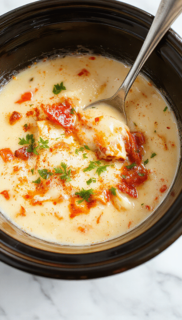 A vibrant bowl of crockpot lasagna soup with layers of melted cheese, seasoned ground meat, and tender pasta, garnished with fresh basil and grated cheese, served steaming hot on a rustic wooden table with a spoon and a side of crusty bread.