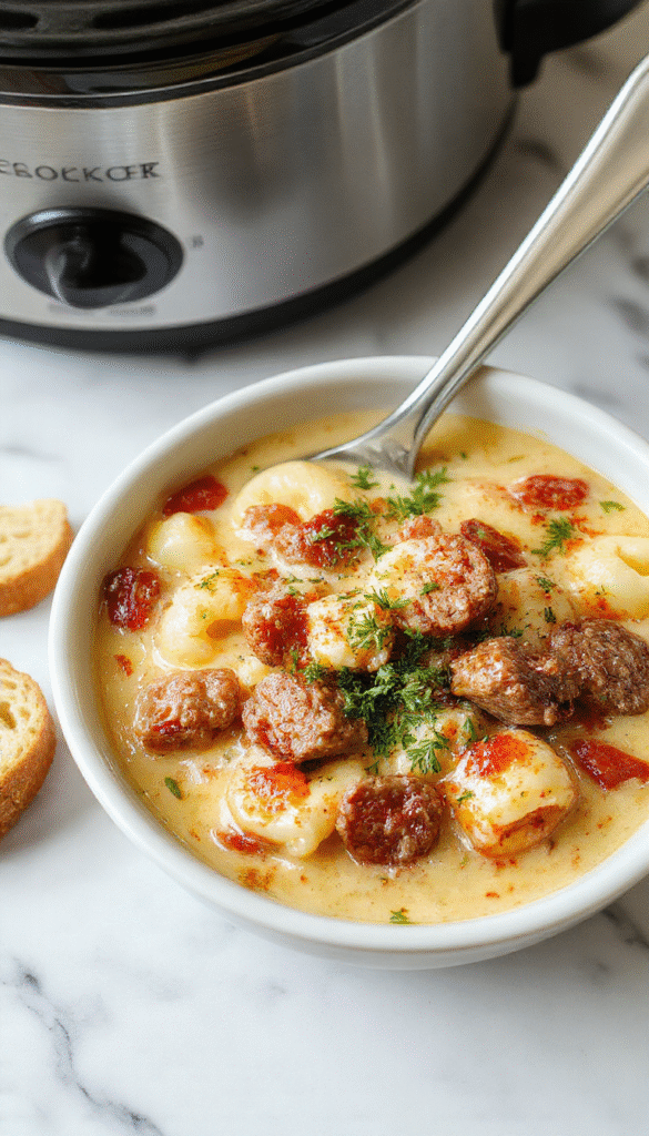 A vibrant bowl of creamy tortellini soup topped with fresh herbs and slices of sausage, surrounded by a rustic wooden table featuring ingredients like cheese tortellini, sausage, spinach, and tomatoes, with steam rising and a spoonful of soup ready to be enjoyed.