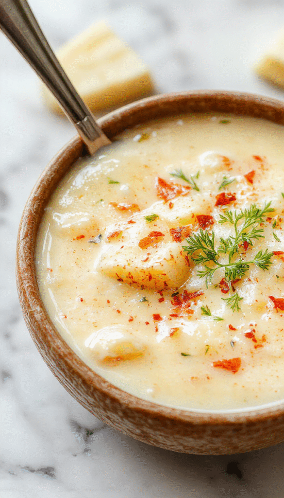 A warm bowl of creamy potato soup topped with melted cheddar cheese, fresh herbs, and crispy garlic croutons, served in a rustic bowl with a wooden spoon, vibrant yellow and green herbs contrasting with the rich, creamy texture of the soup.