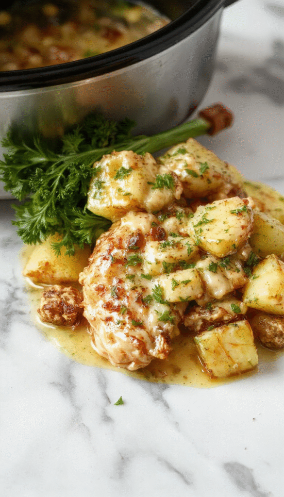 A savory Crockpot dish featuring tender shredded chicken and golden roasted potatoes topped with melted Parmesan, fresh parsley, and a drizzle of garlic sauce, all arranged in a rustic white bowl with garnishes.