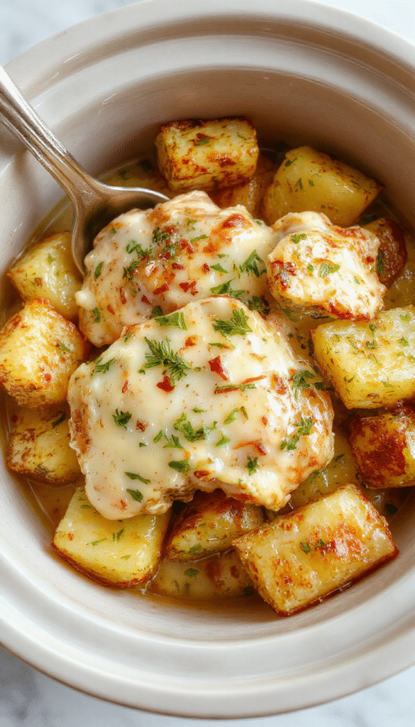 A close-up of a rustic white bowl filled with tender shredded chicken and roasted potatoes, coated in creamy garlic parmesan sauce, garnished with fresh parsley, set on a wooden table with a spoon and napkin, styled for a comforting home-cooked meal.