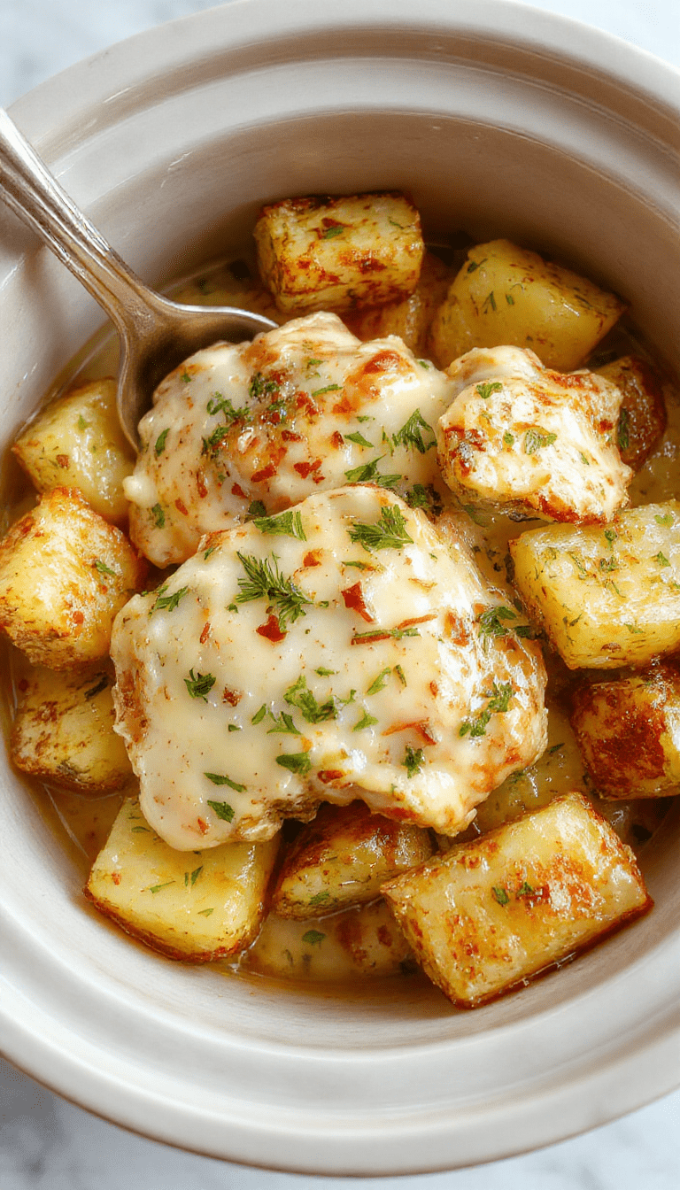 A close-up of a rustic white bowl filled with tender shredded chicken and roasted potatoes, coated in creamy garlic parmesan sauce, garnished with fresh parsley, set on a wooden table with a spoon and napkin, styled for a comforting home-cooked meal.