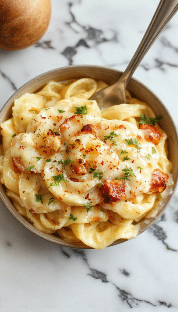 A vibrant bowl of creamy garlic pasta with a rich, velvety sauce coating al dente noodles. Fresh parsley and grated Parmesan cheese are sprinkled on top, with a rustic wooden background and a silver fork resting beside the dish, showcasing the textures of the smooth sauce and tender pasta, styled in a modern yet cozy setting.