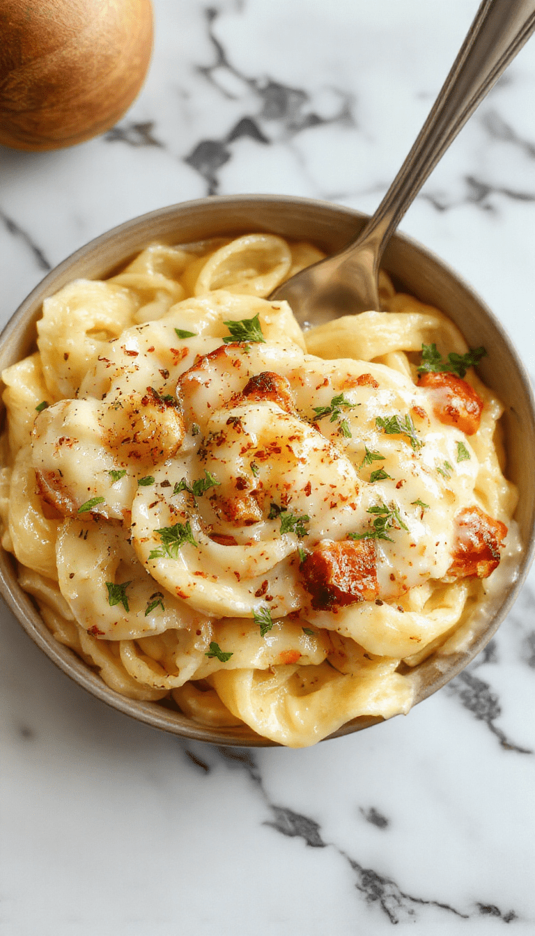 A vibrant bowl of creamy garlic pasta with a rich, velvety sauce coating al dente noodles. Fresh parsley and grated Parmesan cheese are sprinkled on top, with a rustic wooden background and a silver fork resting beside the dish, showcasing the textures of the smooth sauce and tender pasta, styled in a modern yet cozy setting.