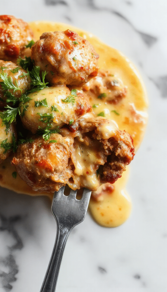 A close-up image of golden-brown Italian meatballs glistening with melted cheese, served on a white plate garnished with fresh parsley, accompanied by a rich tomato sauce and spaghetti in the background, with a rustic wooden table setting and fresh basil leaves adding a pop of green.